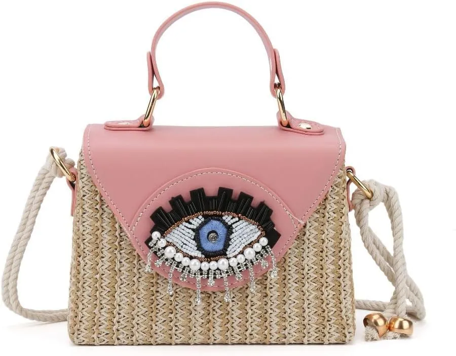 Handmade Bohemian Style Straw Handbag with Evil Eye Embellishment, Novelty Funny Crystal Decor Box Crossbody Bag Tote Clutch