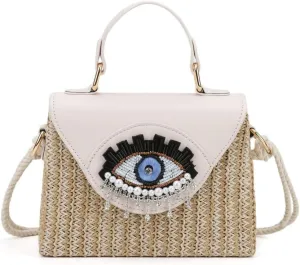 Handmade Bohemian Style Straw Handbag with Evil Eye Embellishment, Novelty Funny Crystal Decor Box Crossbody Bag Tote Clutch