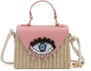 Handmade Bohemian Style Straw Handbag with Evil Eye Embellishment, Novelty Funny Crystal Decor Box Crossbody Bag Tote Clutch