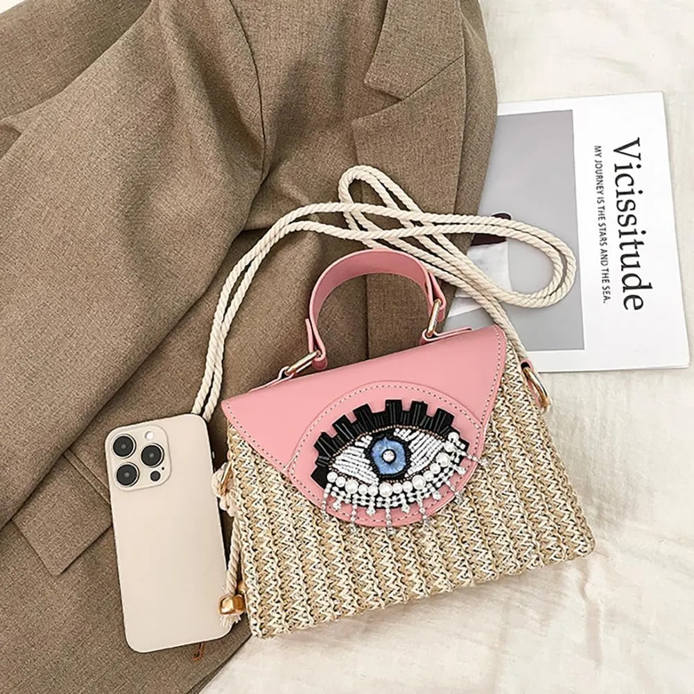 Handmade Bohemian Style Straw Handbag with Evil Eye Embellishment, Novelty Funny Crystal Decor Box Crossbody Bag Tote Clutch