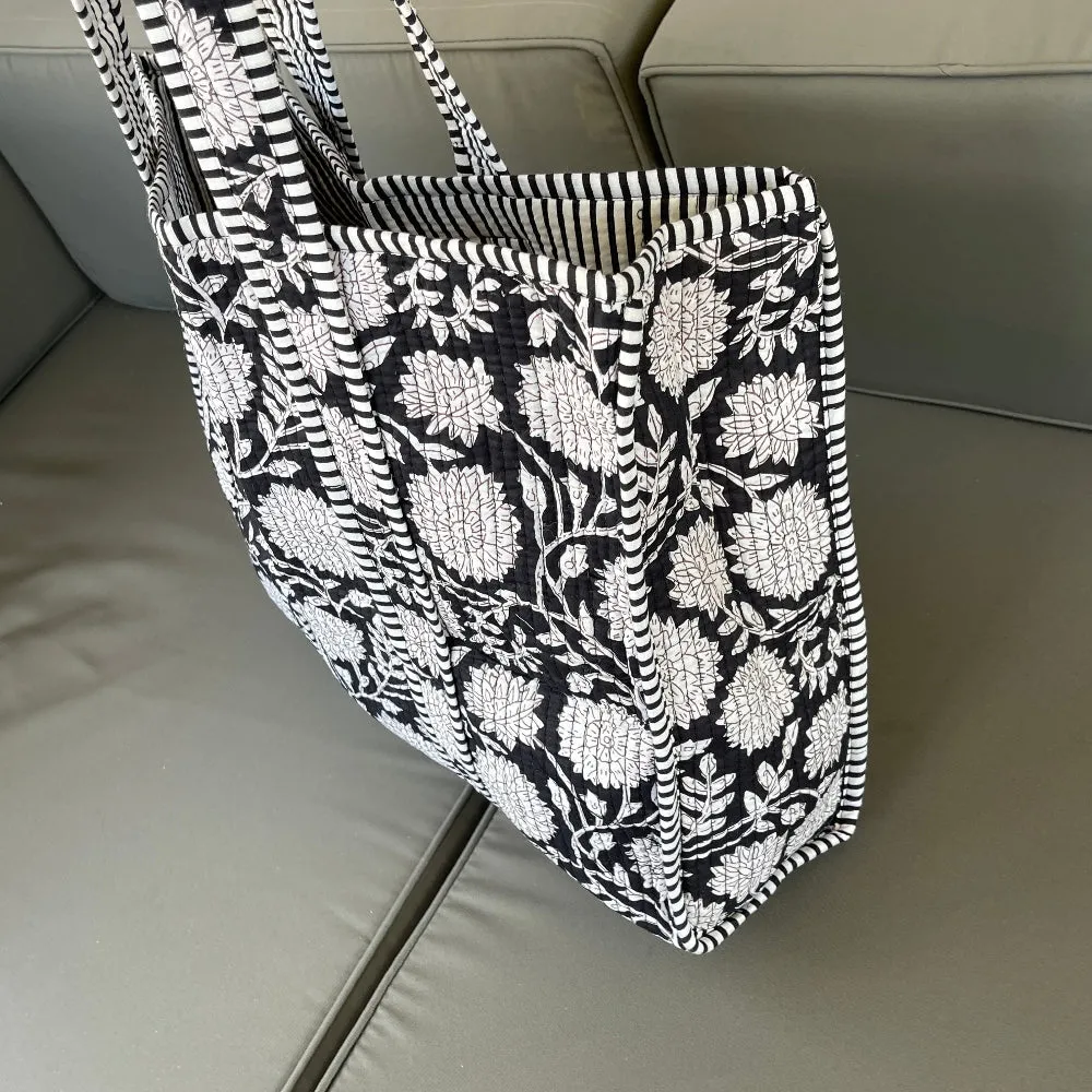 Handmade Boho Cotton Black Bloom Floral Quilted Bags Beach Tote Bag