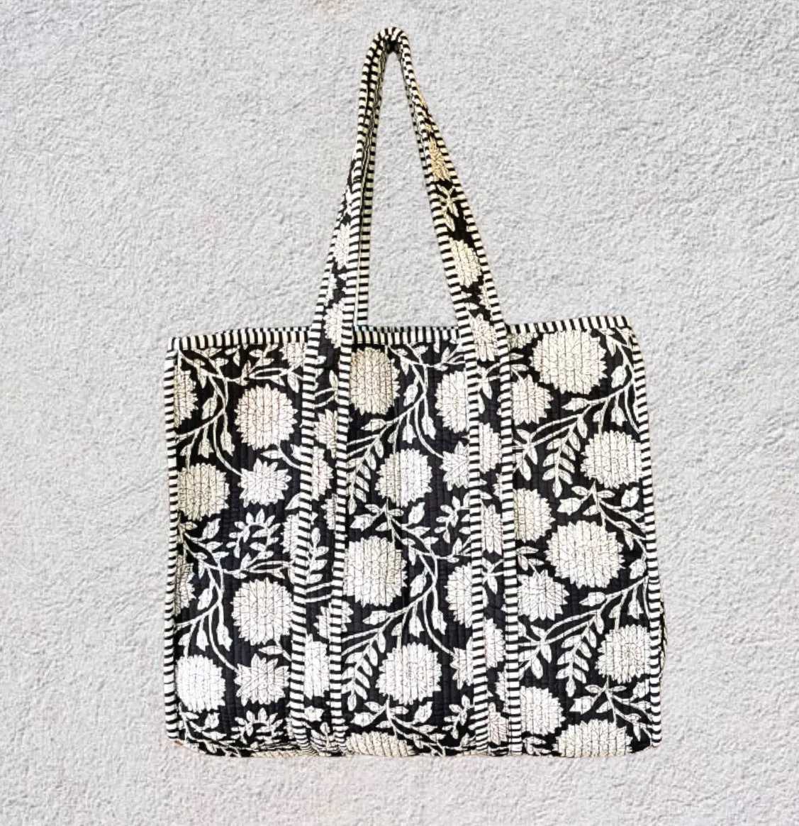Handmade Boho Cotton Black Bloom Floral Quilted Bags Beach Tote Bag
