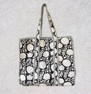 Handmade Boho Cotton Black Bloom Floral Quilted Bags Beach Tote Bag