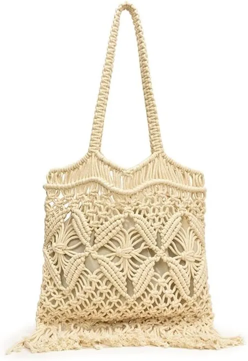 Handmade Macrame Tote Bag, Bohemian Beach Shoulder Bag with Fringe, Natural Cotton, Beige