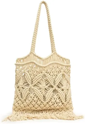 Handmade Macrame Tote Bag, Bohemian Beach Shoulder Bag with Fringe, Natural Cotton, Beige