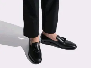 Handmade Men black leather Tassels moccasins, black leather moccasins shoes