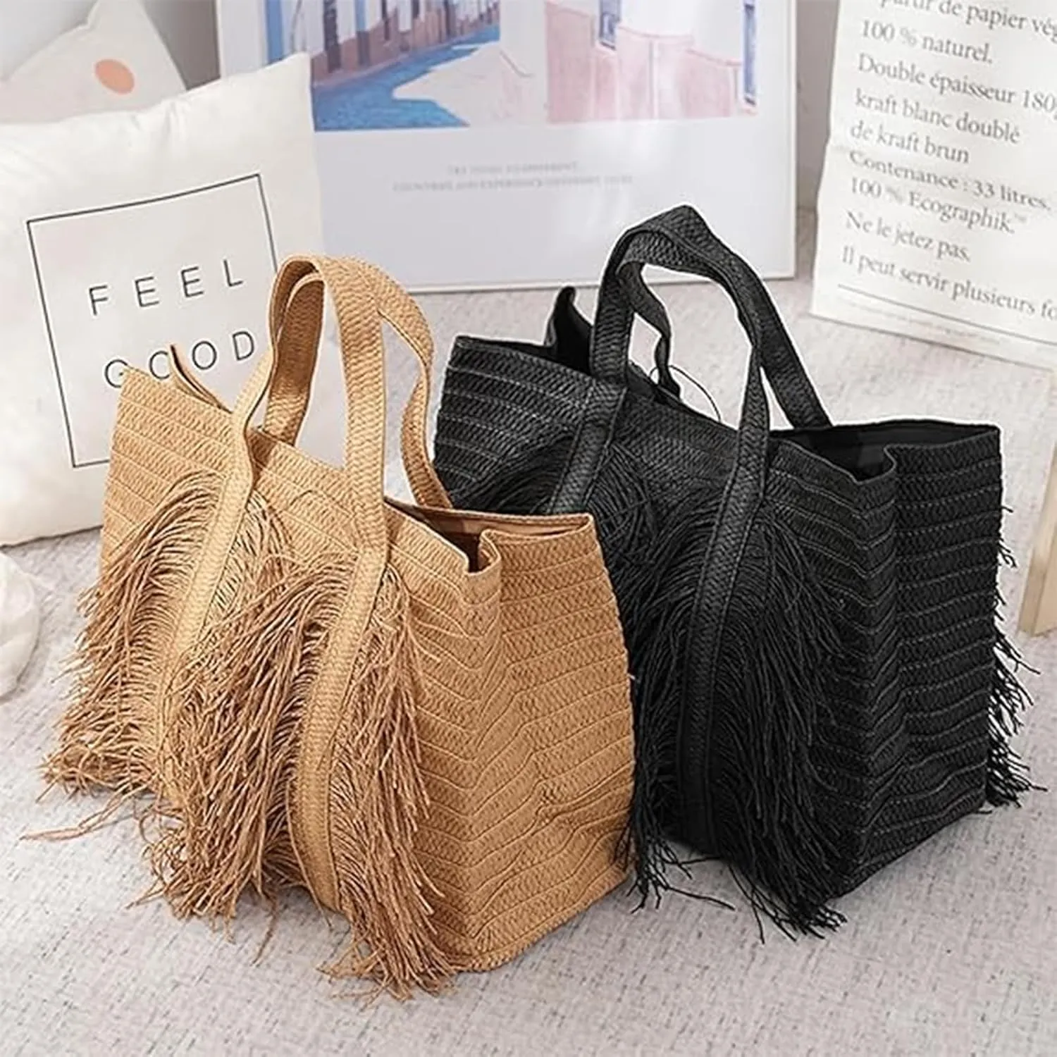 Handwoven Fringe Straw Bag, Bohemian Large Straw Beach Bag, Summer Beach Rattan Tote Bag, Casual Handbag Shoulder Bag