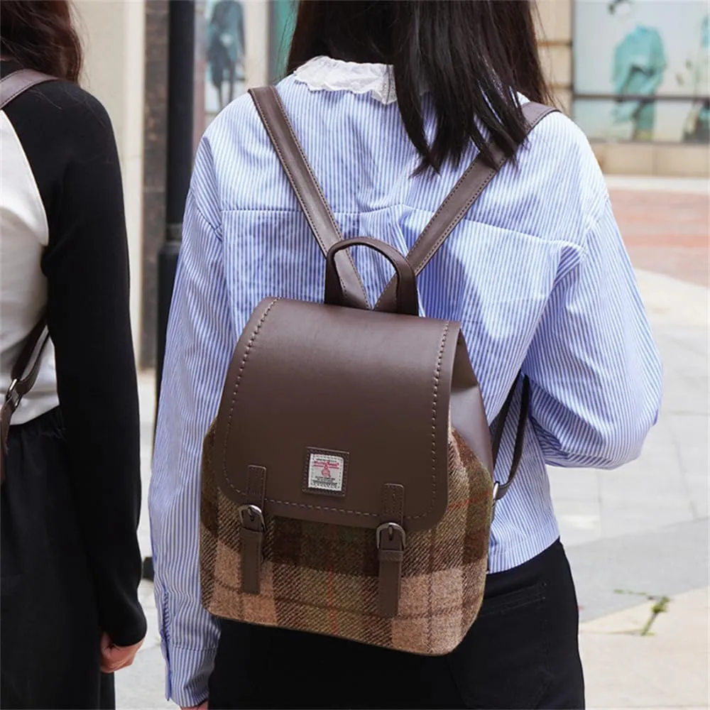 Harris Tweed Women Backpack Purse PU Leather Wool Casual Shoulder Bag Fashion Ladies Satchel Bags (Green Brown Checkered, Large)