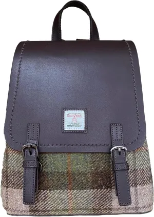 Harris Tweed Women Backpack Purse PU Leather Wool Casual Shoulder Bag Fashion Ladies Satchel Bags (Green Brown Checkered, Large)