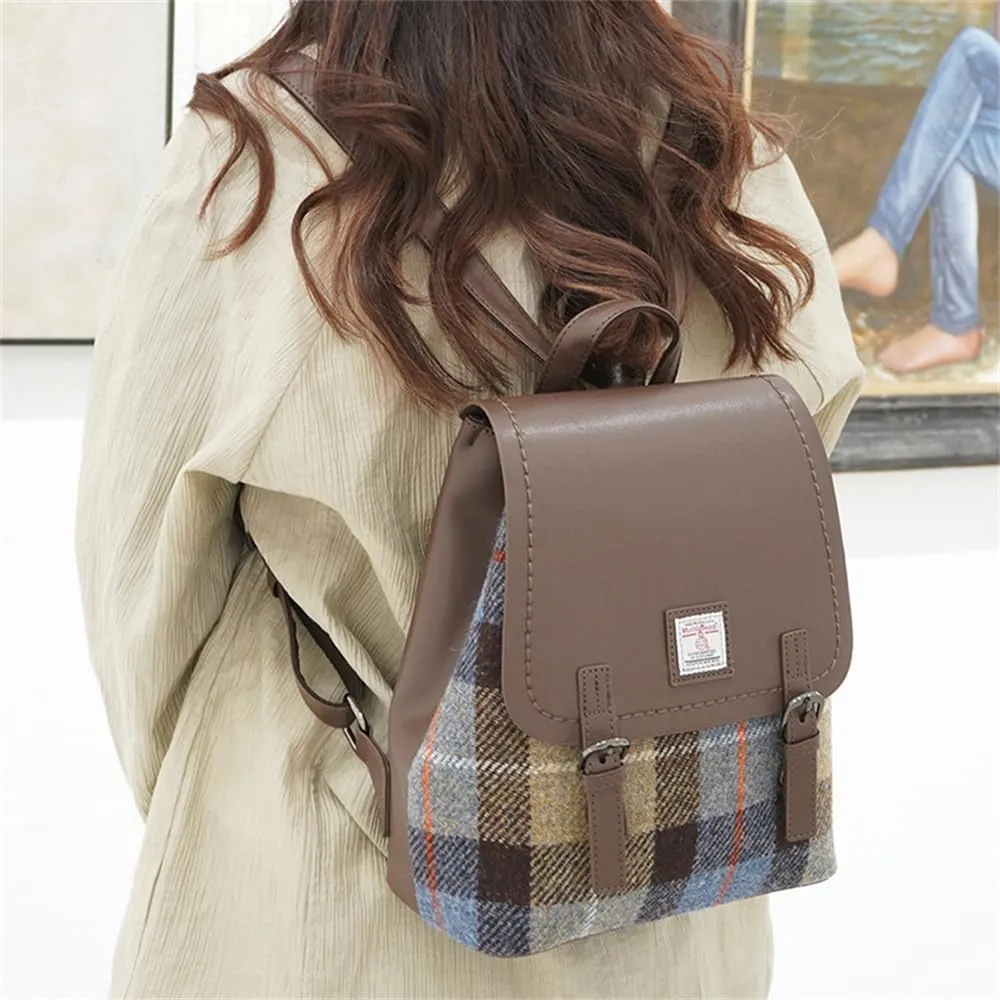 Harris Tweed Women Backpack Purse PU Leather Wool Casual Shoulder Bag Fashion Ladies Satchel Bags (No.896, Large)