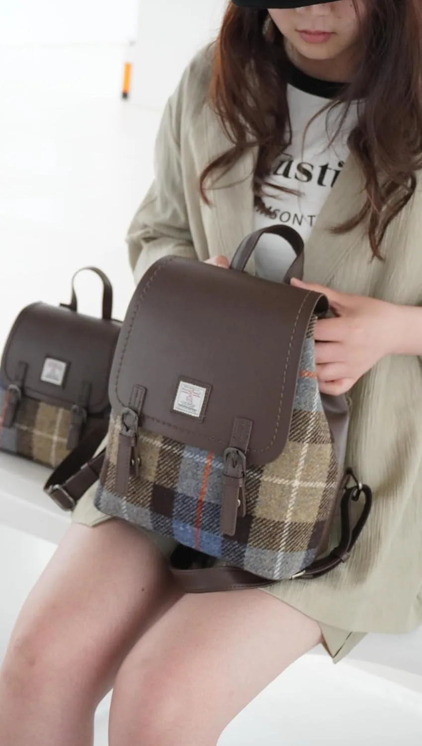 Harris Tweed Women Backpack Purse PU Leather Wool Casual Shoulder Bag Fashion Ladies Satchel Bags (No.896, Large)