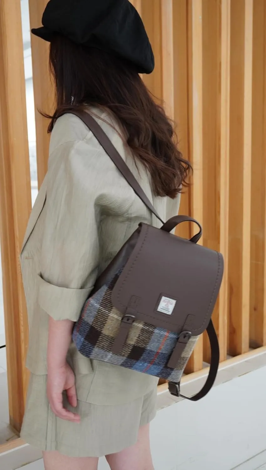 Harris Tweed Women Backpack Purse PU Leather Wool Casual Shoulder Bag Fashion Ladies Satchel Bags (No.896, Large)