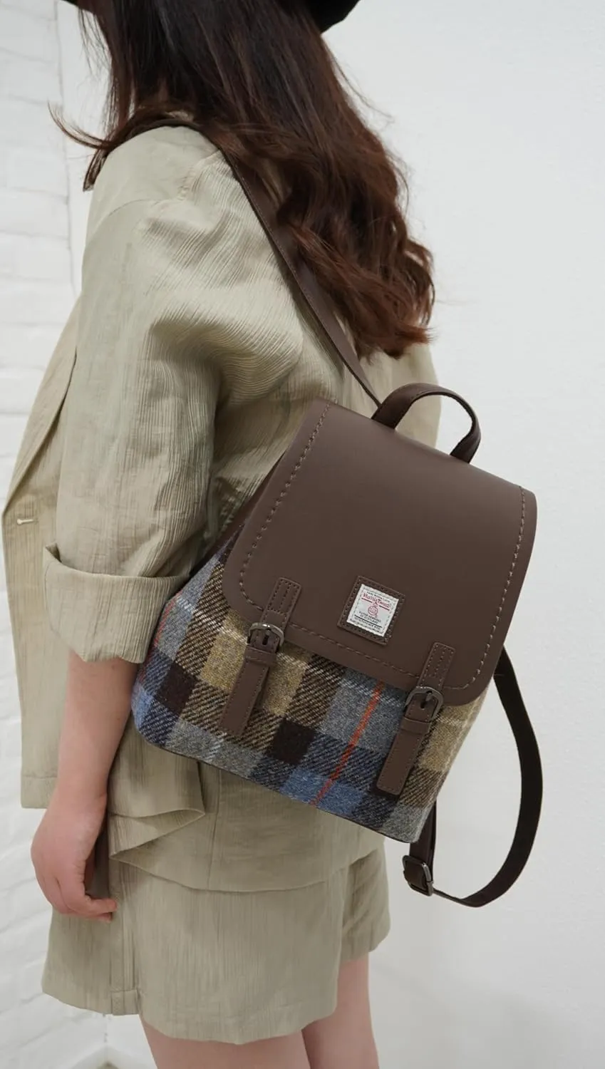 Harris Tweed Women Backpack Purse PU Leather Wool Casual Shoulder Bag Fashion Ladies Satchel Bags (No.896, Large)