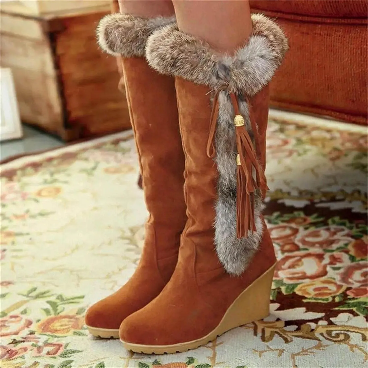 Hbeylia High Heels Fuzzy Winter Snow Boots For Women Fashion Casual Boho Suede Tassels Pluffy Fur Thermal Wide Calf Boots Bohemian Furry Fringe Lace Up Warm Dress Tall Boots For Ladies Girls Christmas