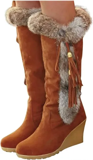 Hbeylia High Heels Fuzzy Winter Snow Boots For Women Fashion Casual Boho Suede Tassels Pluffy Fur Thermal Wide Calf Boots Bohemian Furry Fringe Lace Up Warm Dress Tall Boots For Ladies Girls Christmas