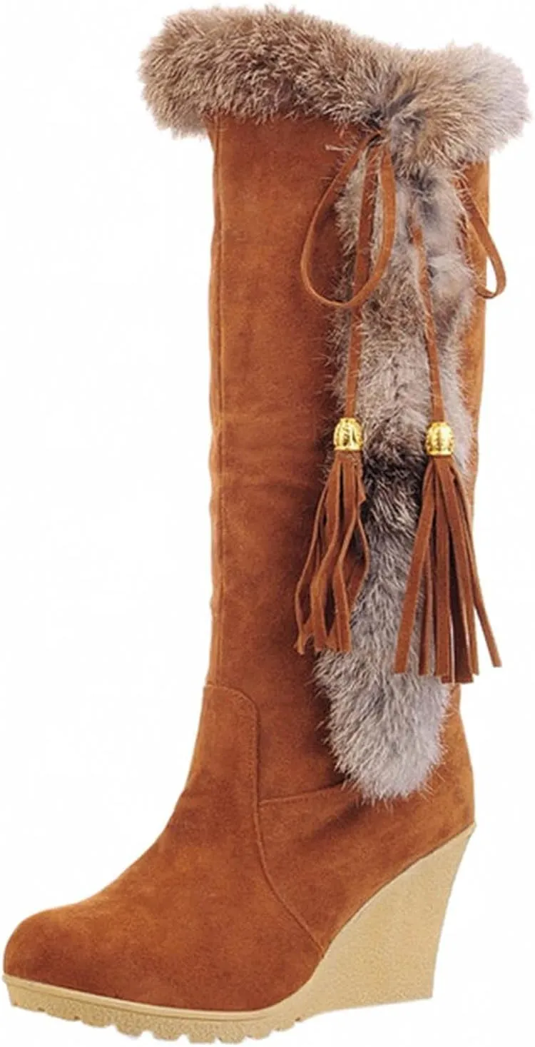 Hbeylia High Heels Fuzzy Winter Snow Boots For Women Fashion Casual Boho Suede Tassels Pluffy Fur Thermal Wide Calf Boots Bohemian Furry Fringe Lace Up Warm Dress Tall Boots For Ladies Girls Christmas