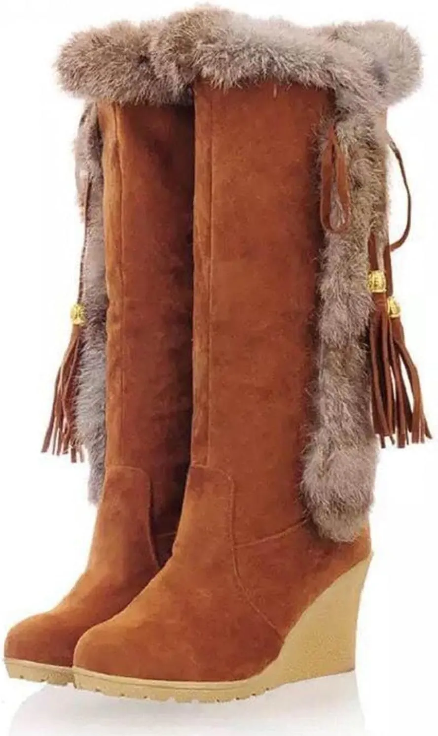 Hbeylia High Heels Fuzzy Winter Snow Boots For Women Fashion Casual Boho Suede Tassels Pluffy Fur Thermal Wide Calf Boots Bohemian Furry Fringe Lace Up Warm Dress Tall Boots For Ladies Girls Christmas