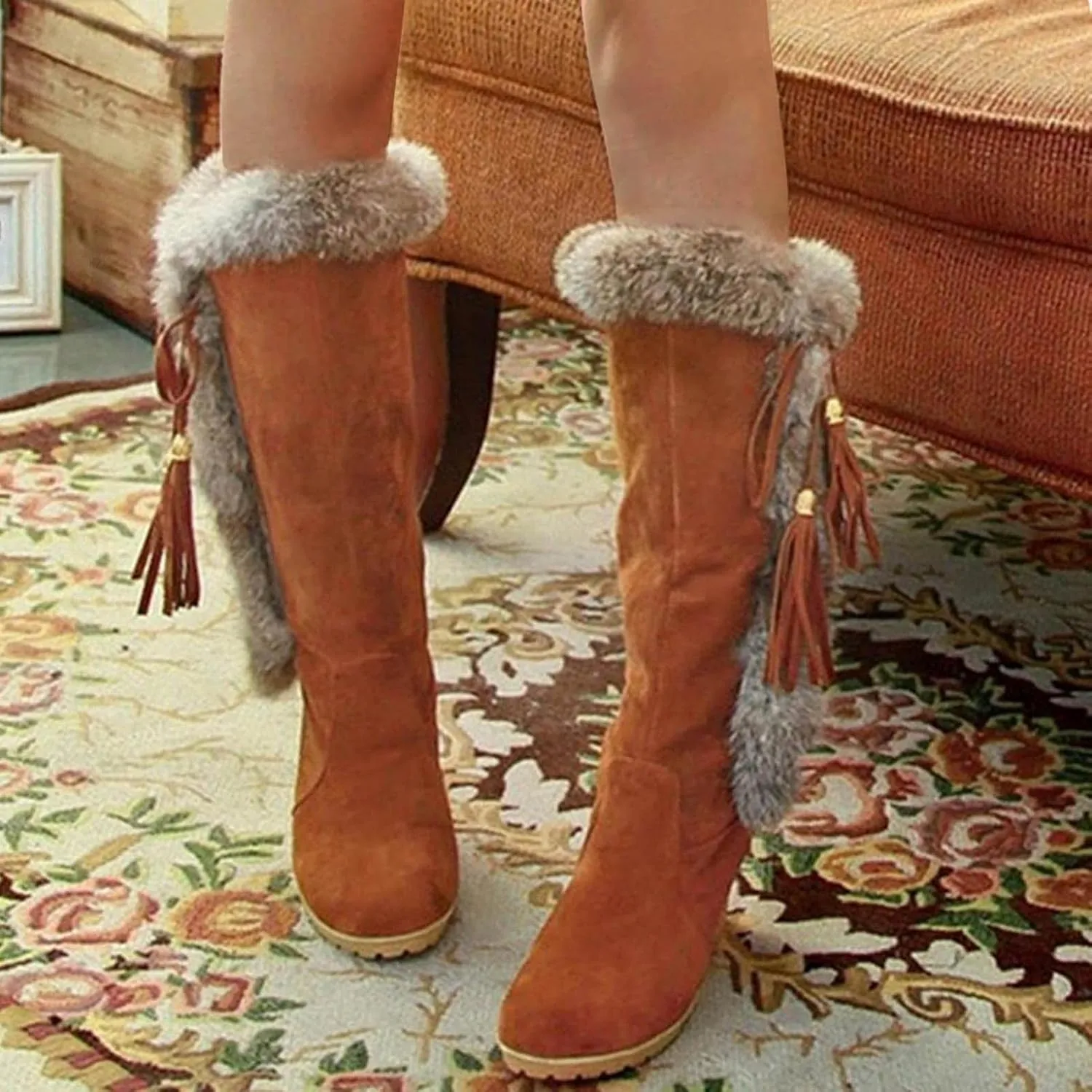 Hbeylia High Heels Fuzzy Winter Snow Boots For Women Fashion Casual Boho Suede Tassels Pluffy Fur Thermal Wide Calf Boots Bohemian Furry Fringe Lace Up Warm Dress Tall Boots For Ladies Girls Christmas