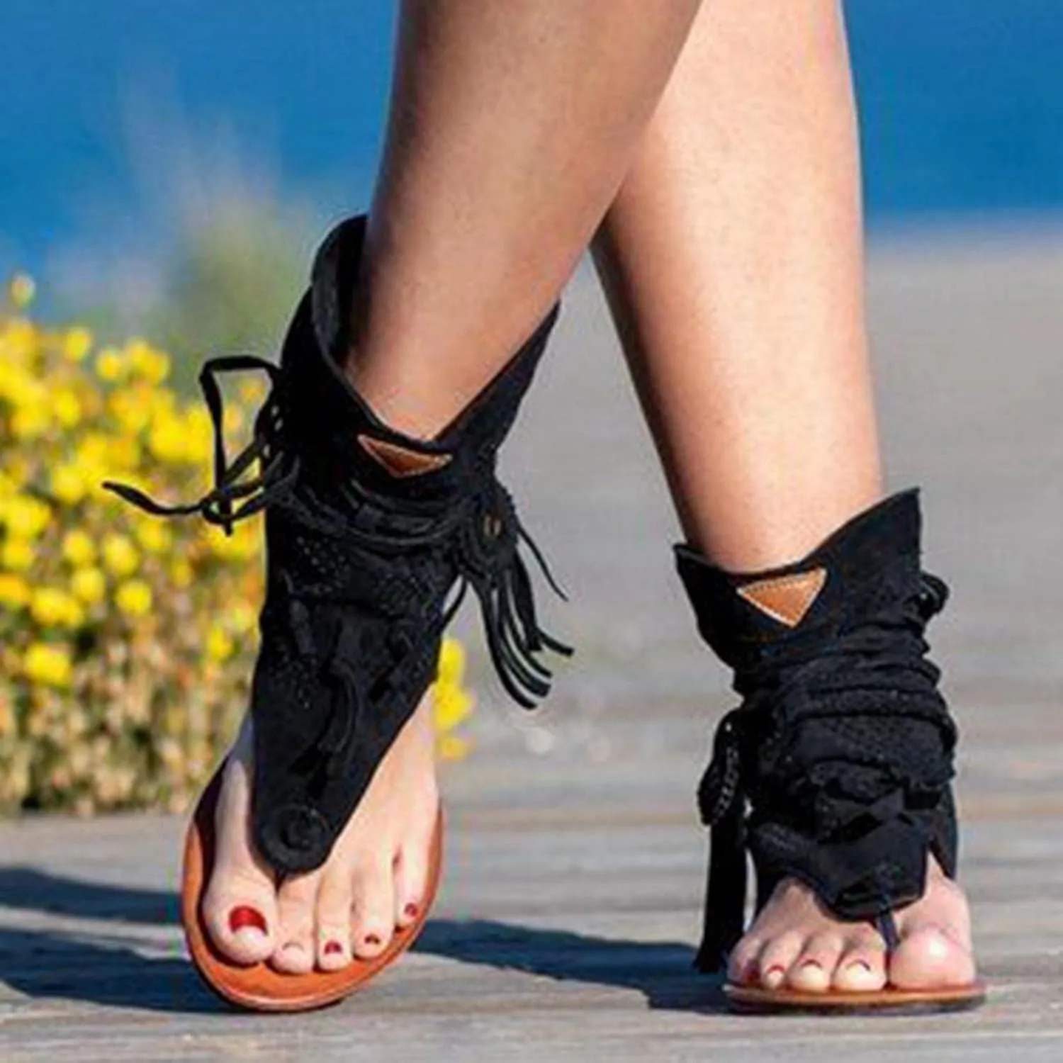 Hbeylia Sandals for Women Roman Retro Bohemian Bead Gladiator Fringe Tassel Casual Sandals Flat Clip Toe Ankle Boots T-Strap Summer Suede Tassel Flip Flop Flat Slippers