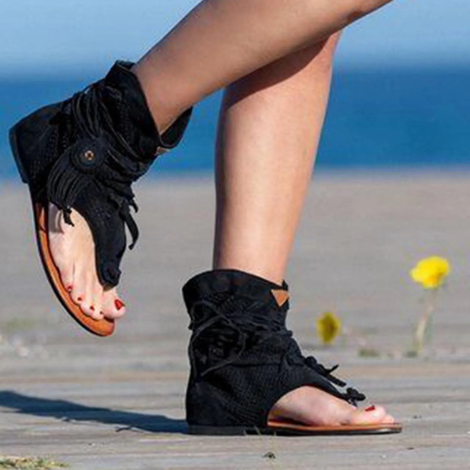 Hbeylia Sandals for Women Roman Retro Bohemian Bead Gladiator Fringe Tassel Casual Sandals Flat Clip Toe Ankle Boots T-Strap Summer Suede Tassel Flip Flop Flat Slippers
