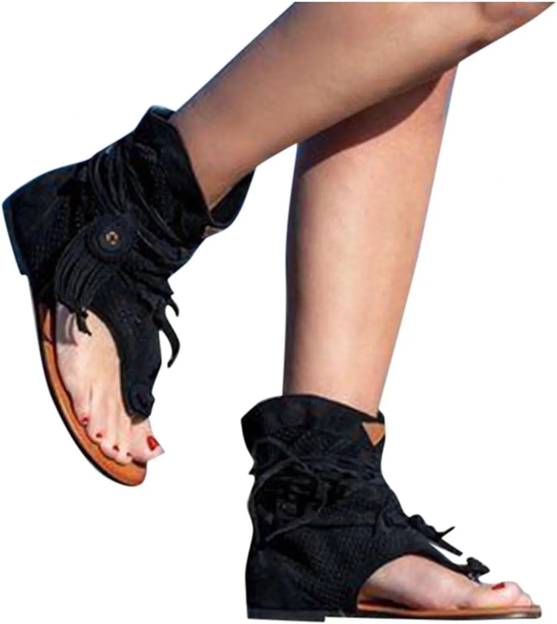 Hbeylia Sandals for Women Roman Retro Bohemian Bead Gladiator Fringe Tassel Casual Sandals Flat Clip Toe Ankle Boots T-Strap Summer Suede Tassel Flip Flop Flat Slippers