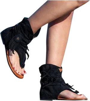 Hbeylia Sandals for Women Roman Retro Bohemian Bead Gladiator Fringe Tassel Casual Sandals Flat Clip Toe Ankle Boots T-Strap Summer Suede Tassel Flip Flop Flat Slippers