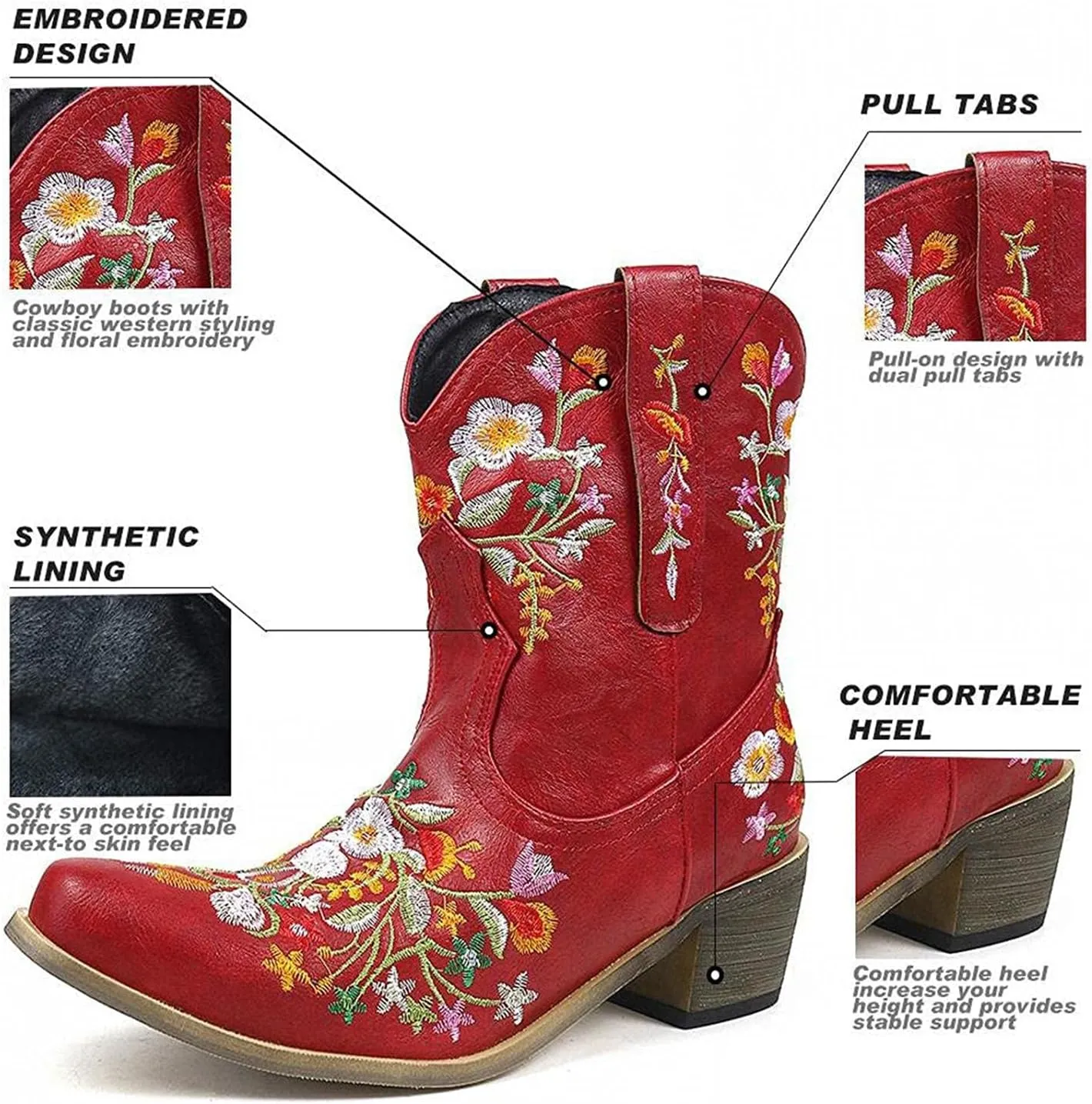 Hbeylia Vintage Ethnic Cowboys Boots For Women Boho Retro Flower Embroidered Pointed Toe Leather Western Cowgirls Boots Bohemian Chunky Mid Heels Wide Mid Calf Booties For Ladies Dress
