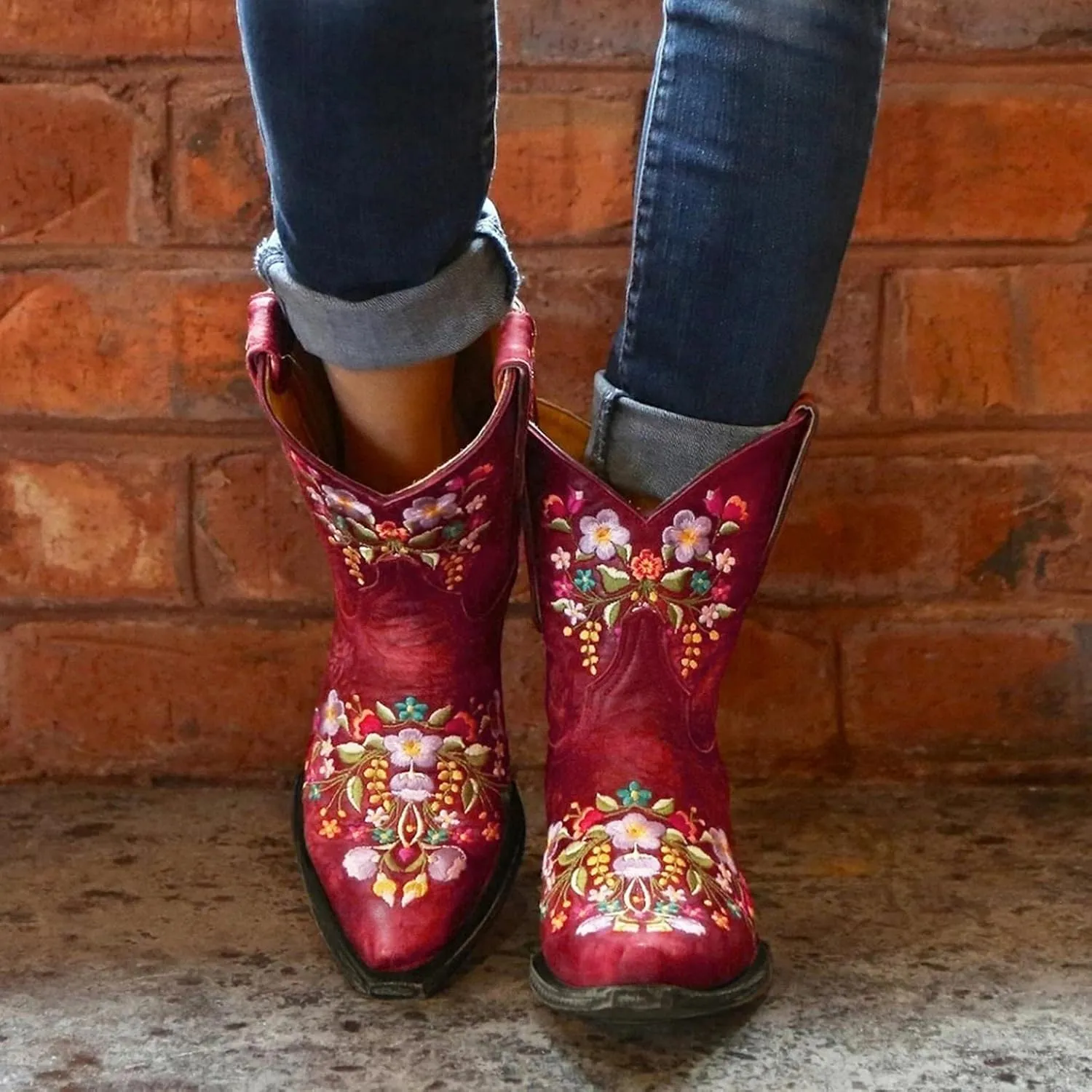 Hbeylia Vintage Ethnic Cowboys Boots For Women Boho Retro Flower Embroidered Pointed Toe Leather Western Cowgirls Boots Bohemian Chunky Mid Heels Wide Mid Calf Booties For Ladies Dress