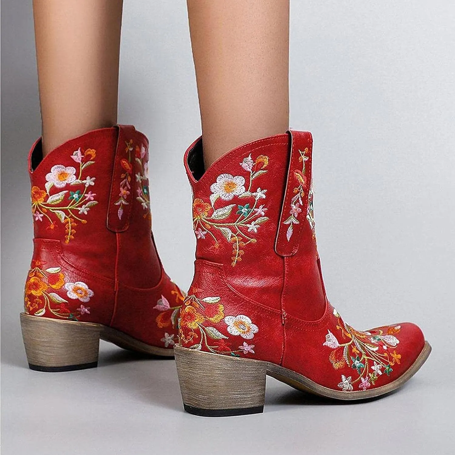 Hbeylia Vintage Ethnic Cowboys Boots For Women Boho Retro Flower Embroidered Pointed Toe Leather Western Cowgirls Boots Bohemian Chunky Mid Heels Wide Mid Calf Booties For Ladies Dress