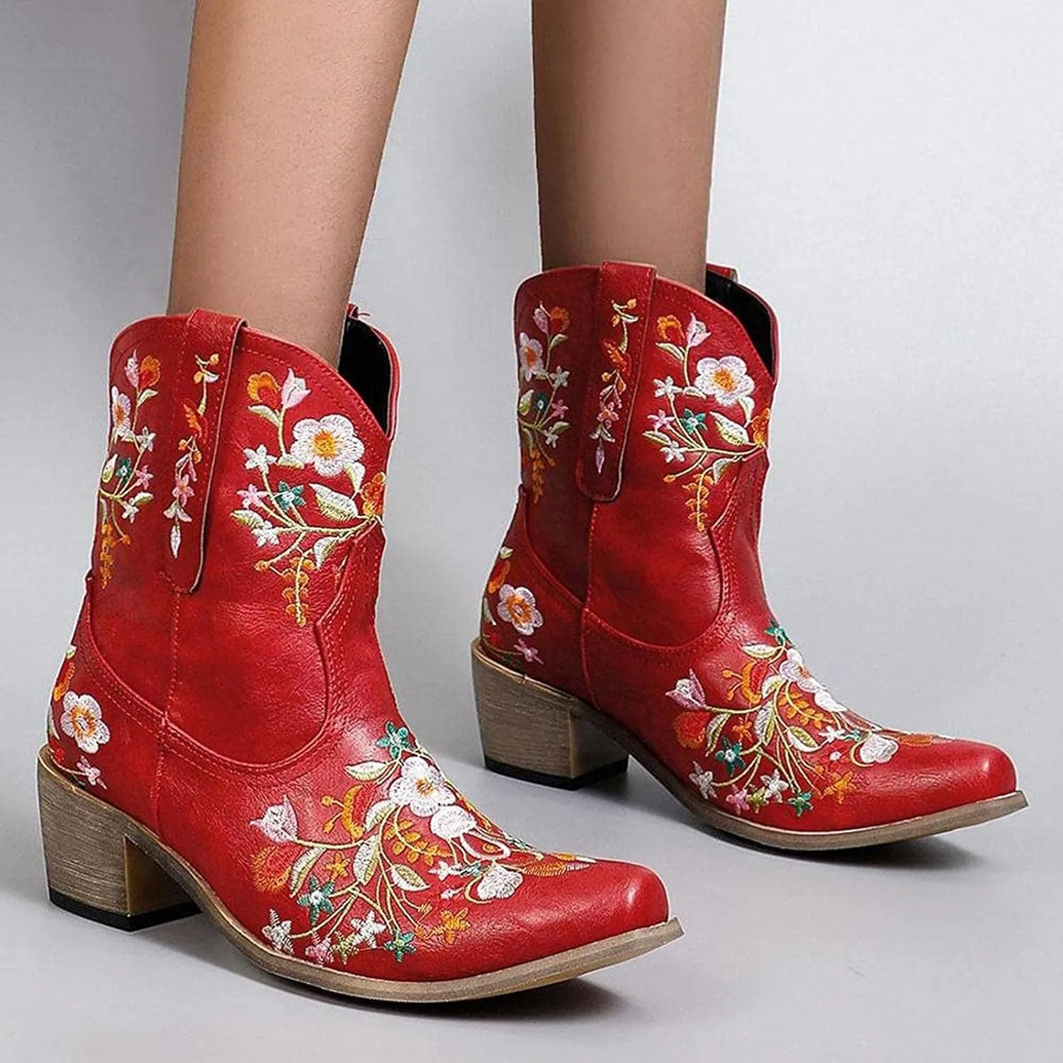 Hbeylia Vintage Ethnic Cowboys Boots For Women Boho Retro Flower Embroidered Pointed Toe Leather Western Cowgirls Boots Bohemian Chunky Mid Heels Wide Mid Calf Booties For Ladies Dress