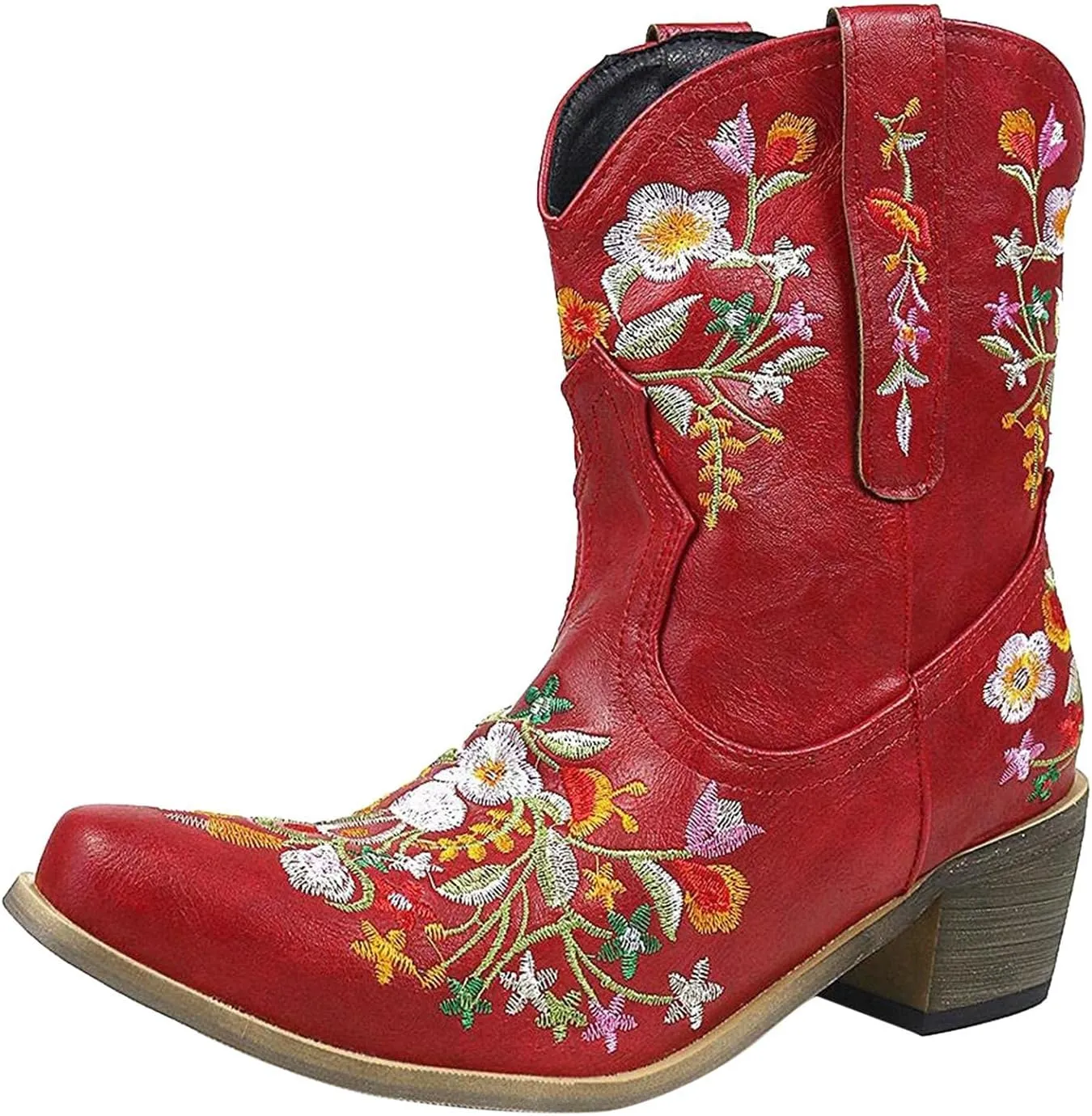 Hbeylia Vintage Ethnic Cowboys Boots For Women Boho Retro Flower Embroidered Pointed Toe Leather Western Cowgirls Boots Bohemian Chunky Mid Heels Wide Mid Calf Booties For Ladies Dress