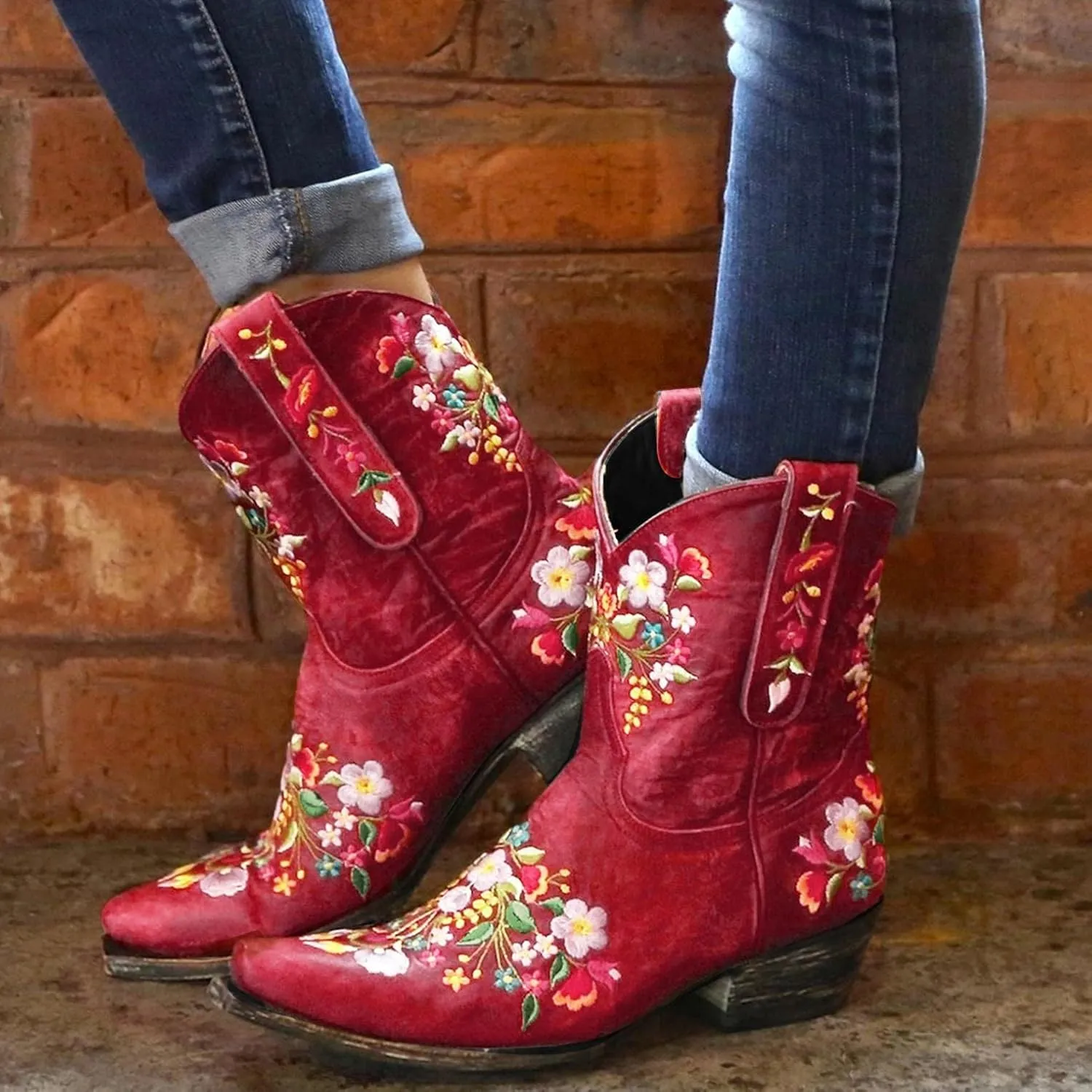 Hbeylia Vintage Ethnic Cowboys Boots For Women Boho Retro Flower Embroidered Pointed Toe Leather Western Cowgirls Boots Bohemian Chunky Mid Heels Wide Mid Calf Booties For Ladies Dress