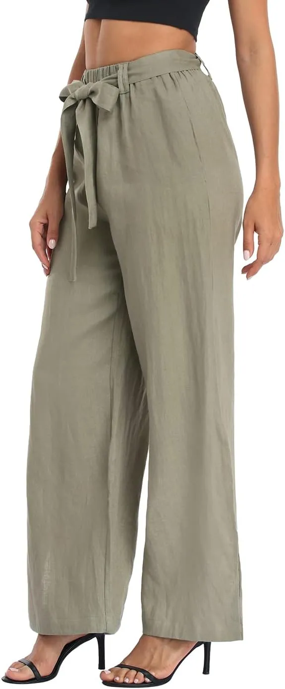 HDE Women's Linen Wide Leg Palazzo Pants Paperbag Flowy Boho Pant with Pockets