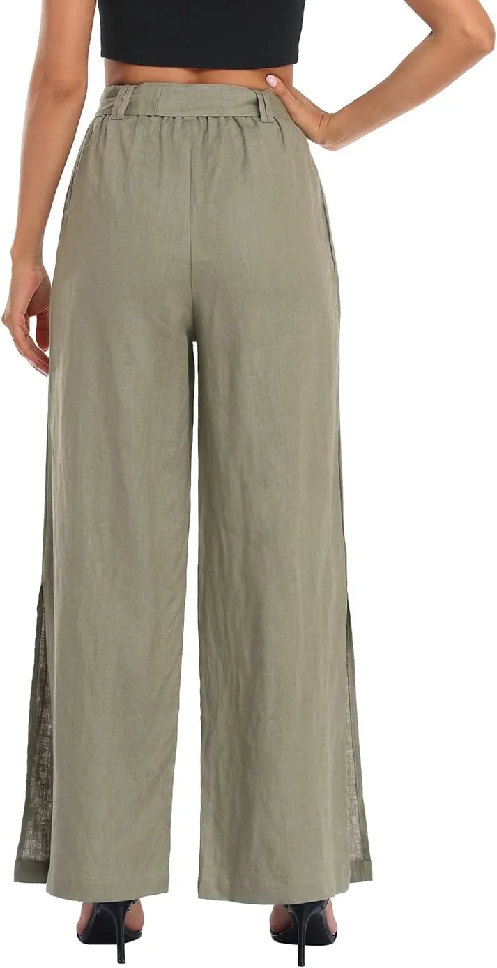 HDE Women's Linen Wide Leg Palazzo Pants Paperbag Flowy Boho Pant with Pockets