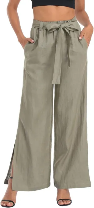 HDE Women's Linen Wide Leg Palazzo Pants Paperbag Flowy Boho Pant with Pockets