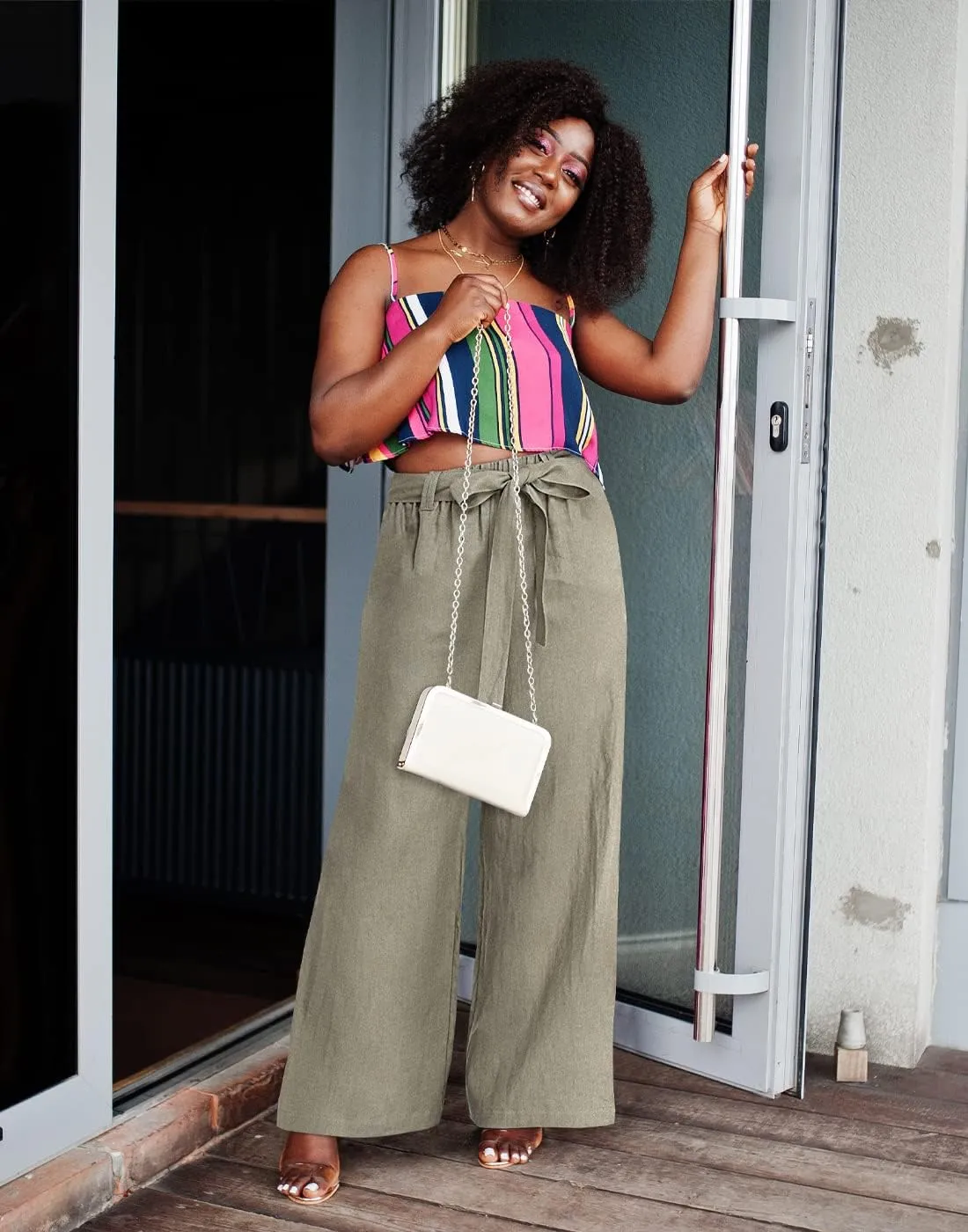 HDE Women's Linen Wide Leg Palazzo Pants Paperbag Flowy Boho Pant with Pockets
