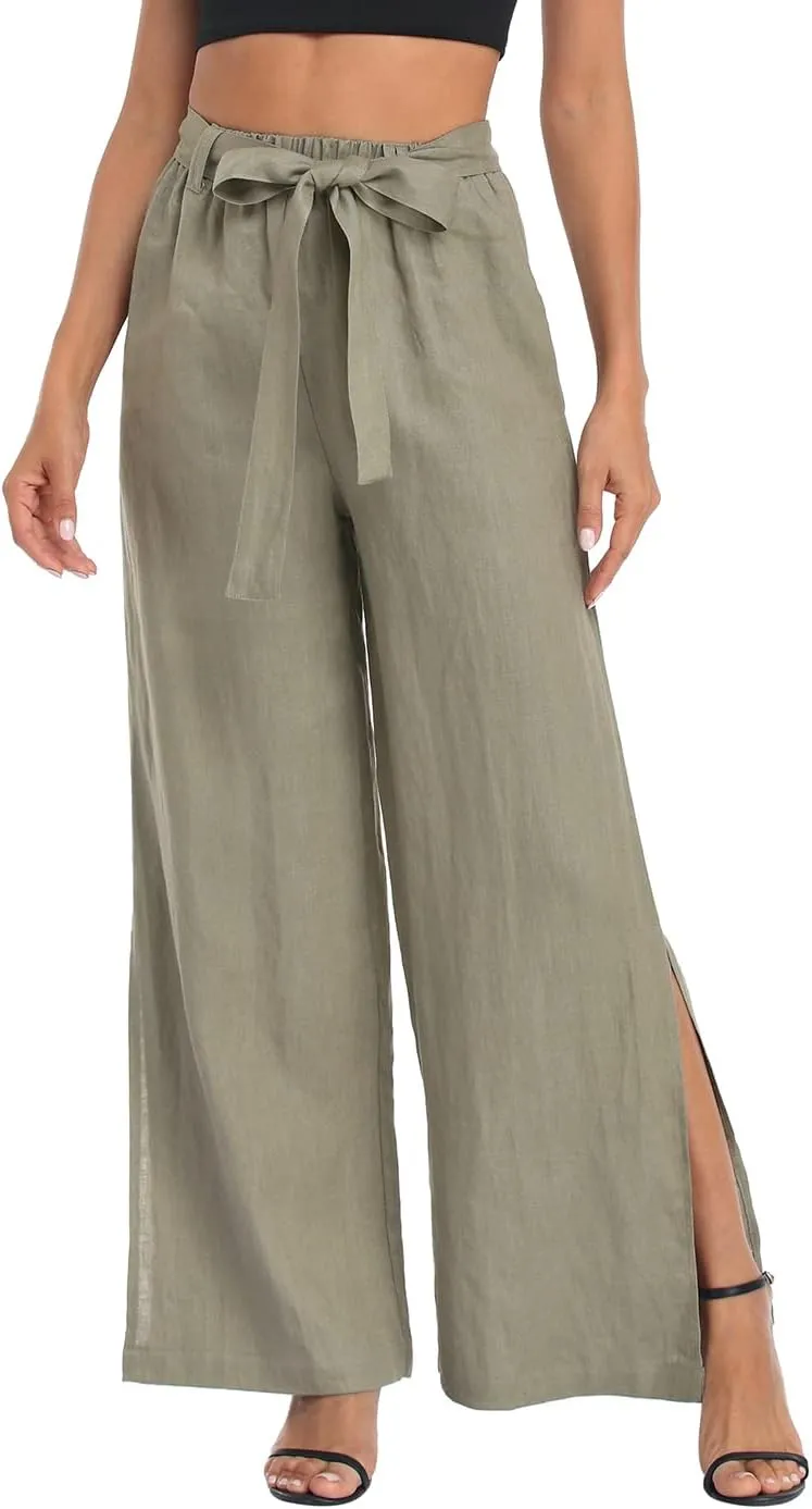 HDE Women's Linen Wide Leg Palazzo Pants Paperbag Flowy Boho Pant with Pockets