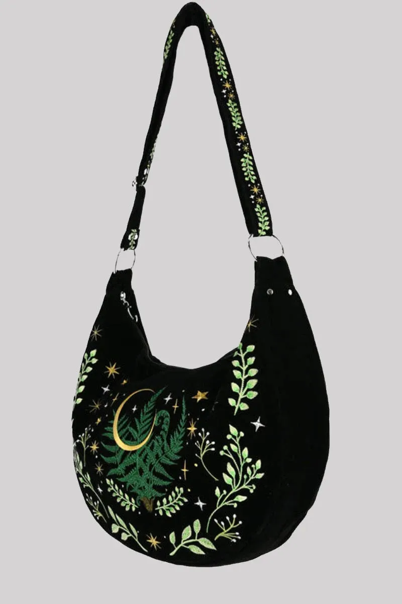 Herbal Hobo Bag Fern Embroidery - Gothic Velvet Crescent bag