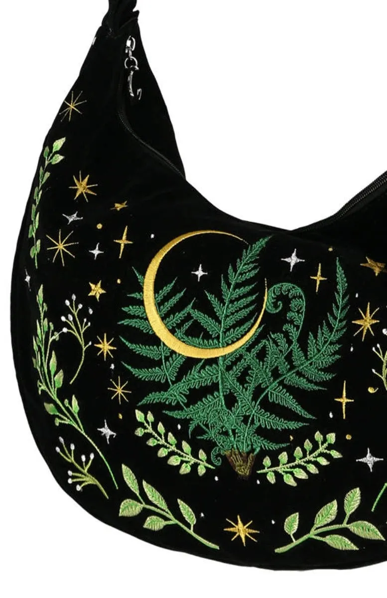 Herbal Hobo Bag Fern Embroidery - Gothic Velvet Crescent bag