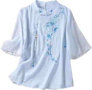 HGps8w Cotton Linen Embroidery Floral Tops for Women Retro Chinese Frog Button Blouse Loose Stand Collar 3/4 Sleeve Shirts