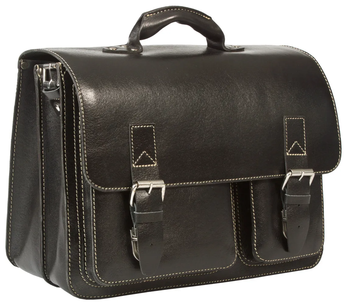 HIDEONLINE RUGGED THICK SADDLE BLACK LEATHER SATCHEL BRIEFCASE / LAPTOP BAG