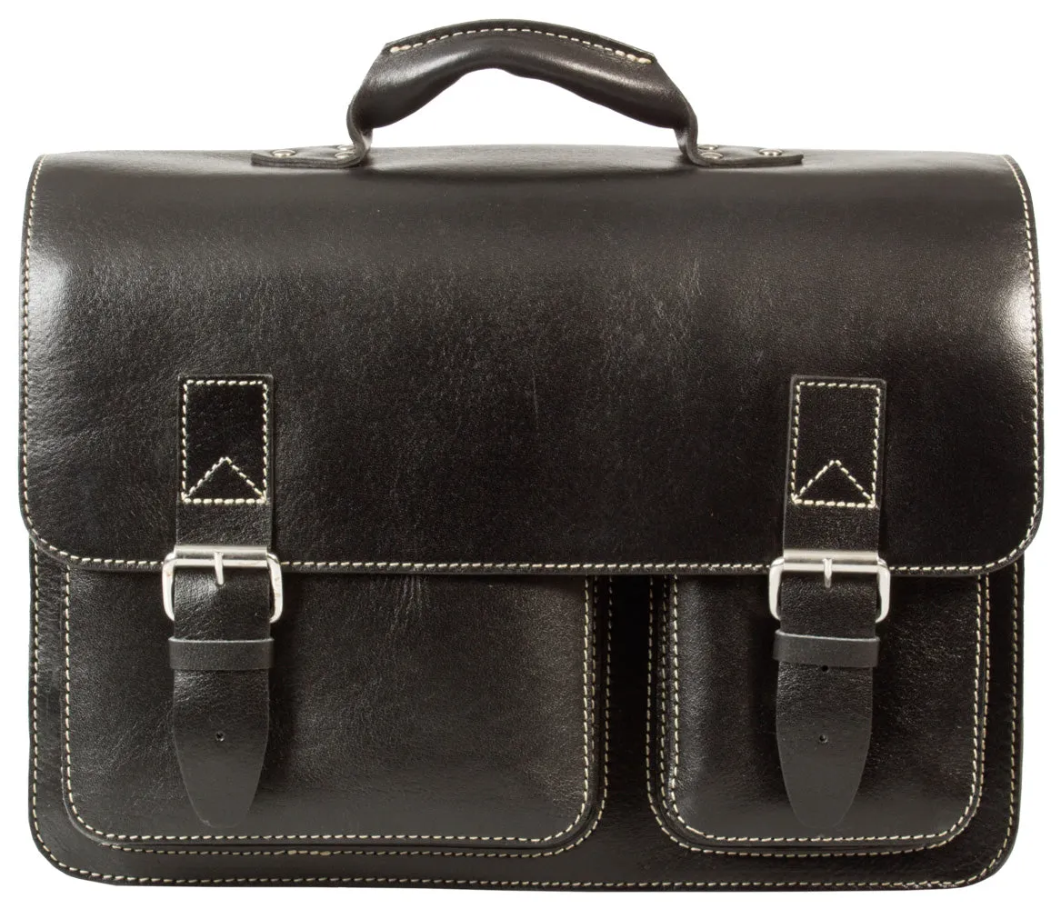 HIDEONLINE RUGGED THICK SADDLE BLACK LEATHER SATCHEL BRIEFCASE / LAPTOP BAG