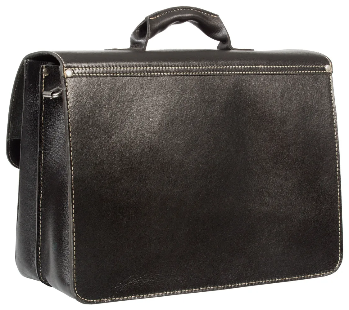 HIDEONLINE RUGGED THICK SADDLE BLACK LEATHER SATCHEL BRIEFCASE / LAPTOP BAG