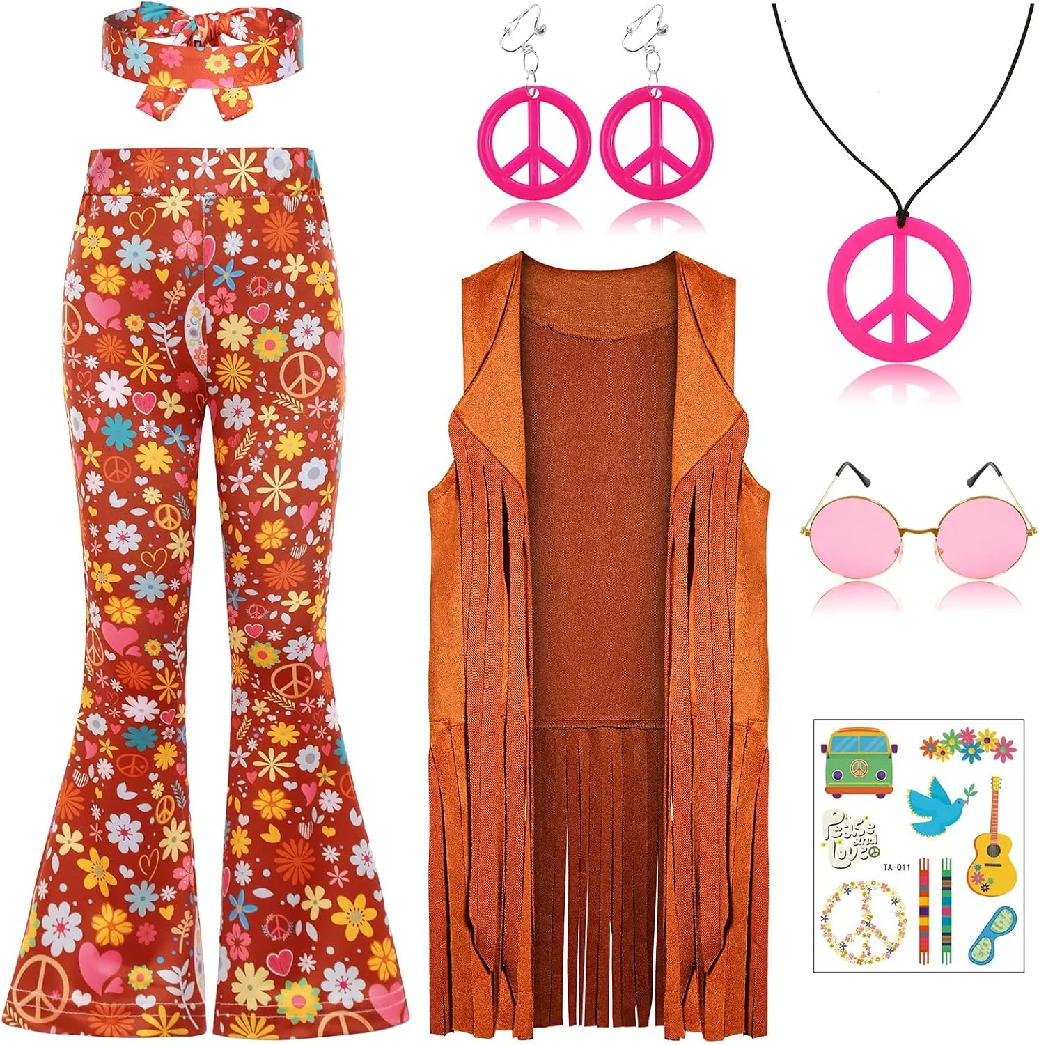 Hippie Costume for Girls Kids 60s 70s Outfits Costume Halloween Dress Up Party