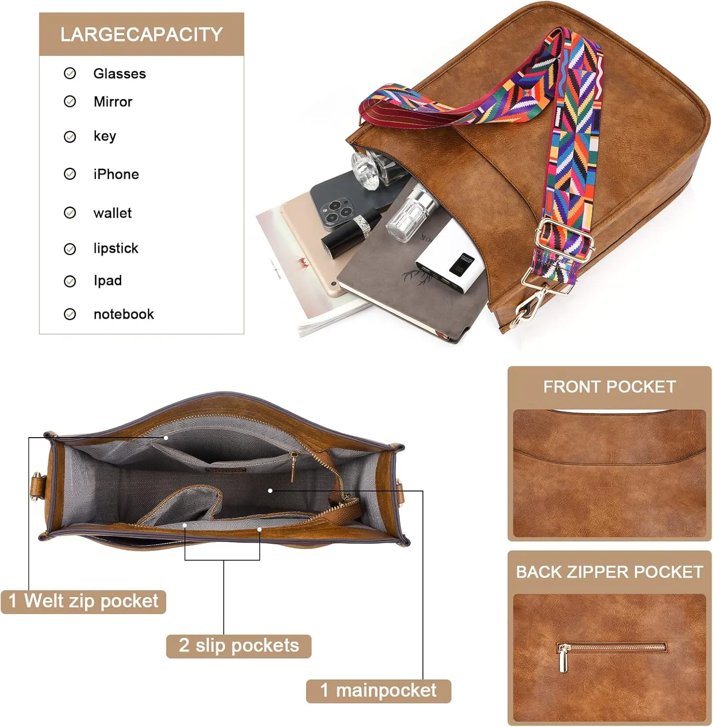 HKCLUF Crossbody Bag for Women Vegan Leather Hobo Handbags Guitar Strap Purse Shoulder Bucket Bag with 2PCS Adjustable Straps