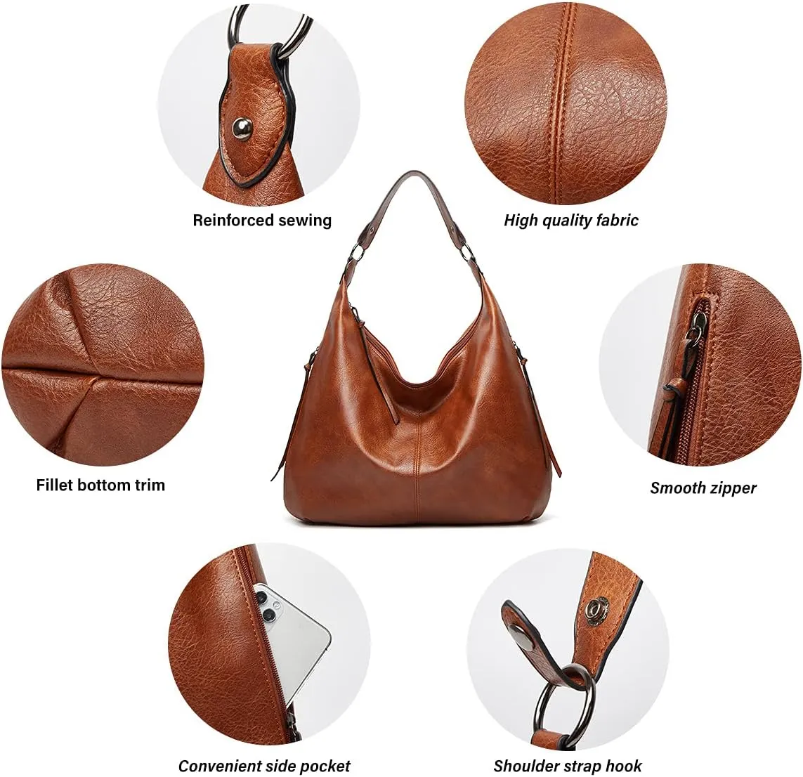 Hobo Bags for Women Soft PU Leather Slouchy Bag Shoulder Purse with Zipper