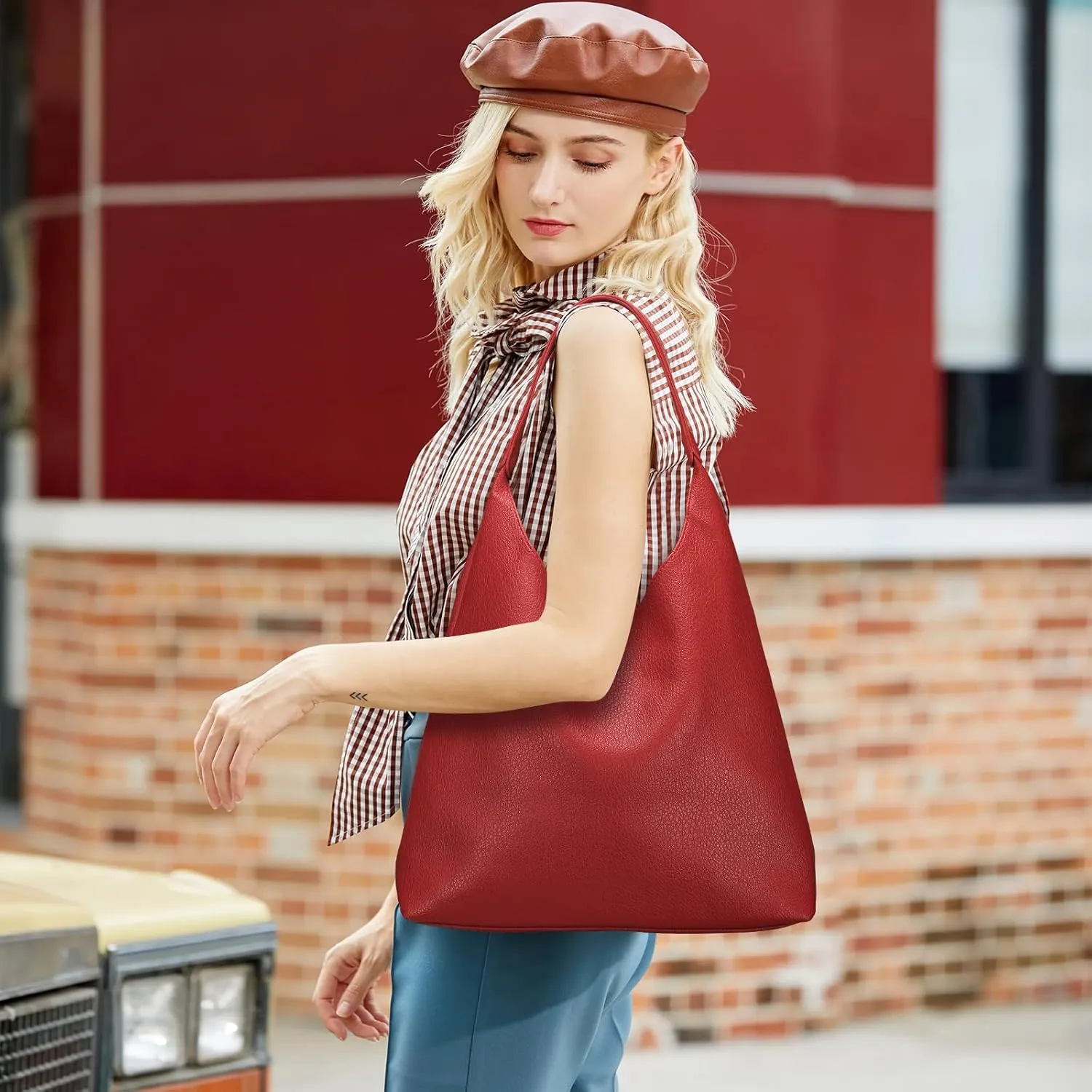 Hobo Bags for Women, Soft Vegan Leather Shoulder Handbags, Slouchy Tote Purses with Makeup Bag