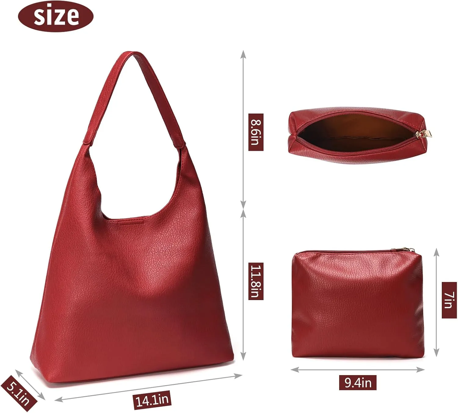 Hobo Bags for Women, Soft Vegan Leather Shoulder Handbags, Slouchy Tote Purses with Makeup Bag