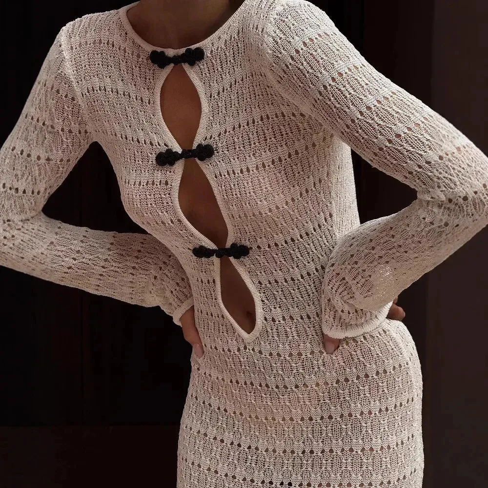 Hollow Slit Long Dress Women's Beach Cover-up Bohemian Dress Floor-length Backless Mermaid Evening Gown Sexy Knit Dress