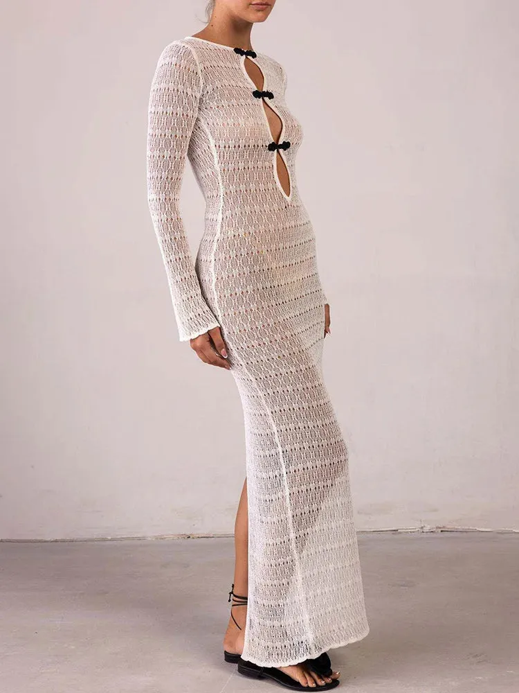 Hollow Slit Long Dress Women's Beach Cover-up Bohemian Dress Floor-length Backless Mermaid Evening Gown Sexy Knit Dress